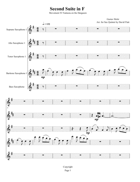 Holst Suite In F Movement 4 Fantasia On The Dargason For Sax Quintet Sheet Music