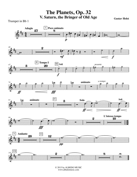 Free Sheet Music Holst The Planets V Saturn The Bringer Of Old Age Trumpet In Bb 1 Transposed Part Op 32