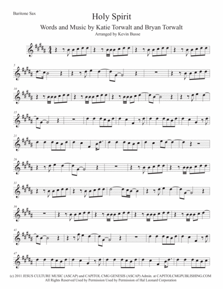 Holy Spirit Original Key Bari Sax Sheet Music