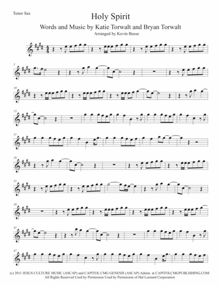 Holy Spirit Original Key Tenor Sax Sheet Music