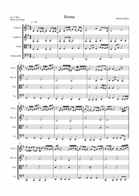 Home By Michael Buble Arranged For String Quartet 2 X Violins Viola And Cello Sheet Music