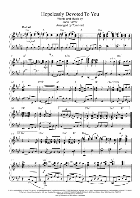 Free Sheet Music Hopelessly Devoted To You Piano Solo