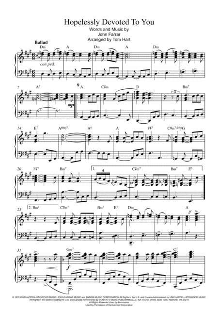 Hopelessly Devoted To You Piano Solo Sheet Music