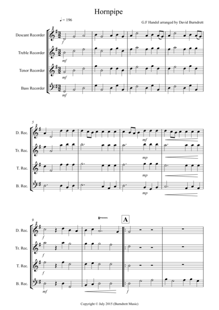 Hornpipe From Handels Water Music For Recorder Quartet Sheet Music