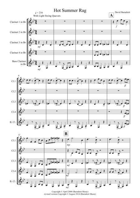 Free Sheet Music Hot Summer Rag For Clarinet Quintet