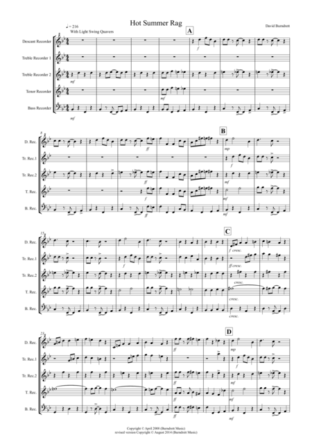 Free Sheet Music Hot Summer Rag For Recorder Quintet