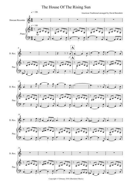 House Of The Rising Sun For Descant Recorder And Piano Sheet Music