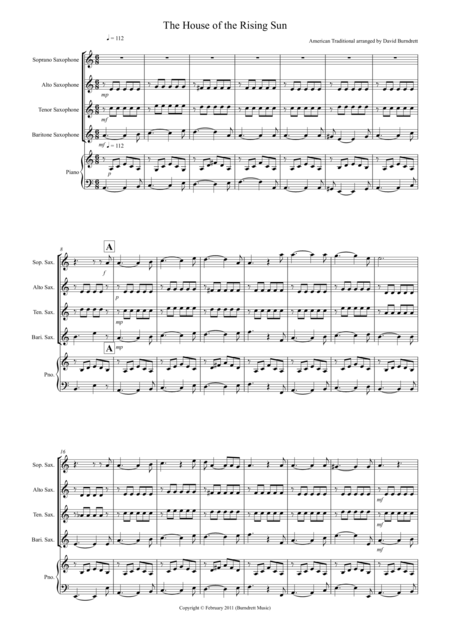 House Of The Rising Sun For Saxophone Quartet Sheet Music