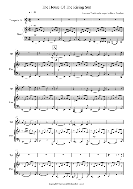 House Of The Rising Sun For Trumpet And Piano Sheet Music