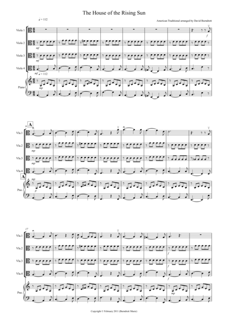 House Of The Rising Sun For Viola Quartet Sheet Music