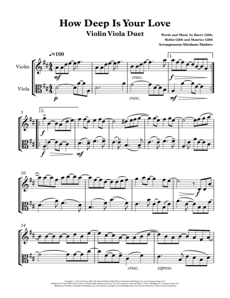 How Deep Is Your Love By The Bee Gees Violin Viola Duet Sheet Music