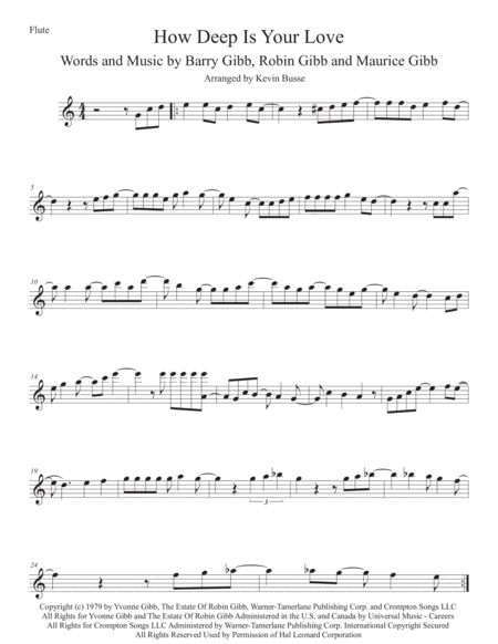 Free Sheet Music How Deep Is Your Love Easy Key Of C Flute