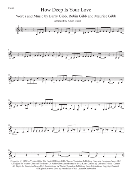 How Deep Is Your Love Easy Key Of C Violin Sheet Music