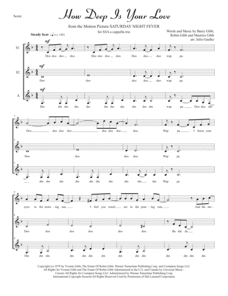 How Deep Is Your Love From The Motion Picture Saturday Night Fever For Ssa A Cappella Trio Sheet Music