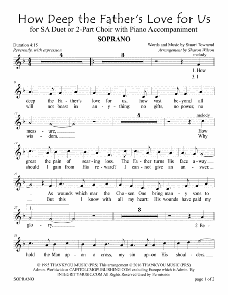 Free Sheet Music How Deep The Fathers Love For Us For Sa Or 2 Part Choir With Piano Accompaniment