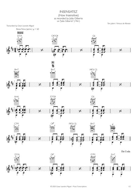 How Insensitive Insensatez Bossa Nova Guitar Sheet Music