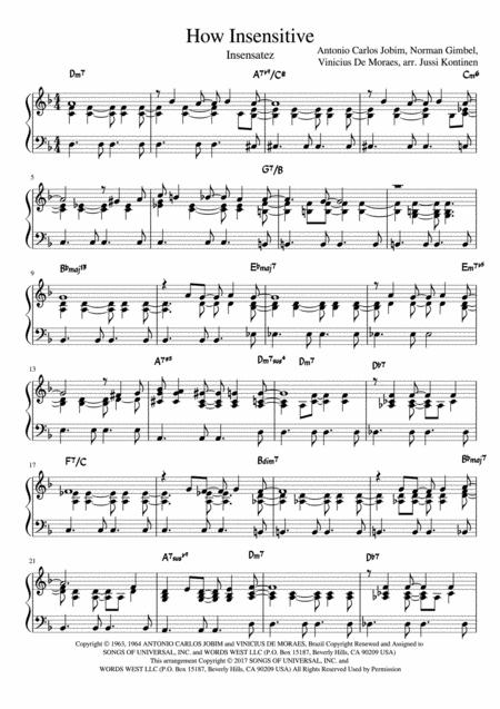 How Insensitive Insensatez Piano Solo Arrangement Sheet Music