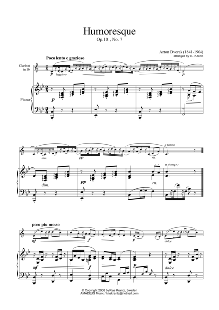 Humoresque Op 101 No 7 For Clarinet In Bb And Piano Sheet Music