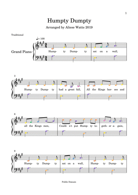 Humpty Dumpty Colour Coded Notation Sheet Music