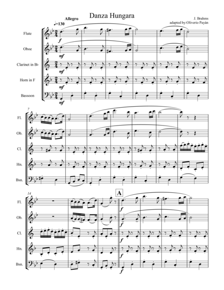 Hungarian Dance No 5 By J Brahms For Woodwind Quintet Sheet Music