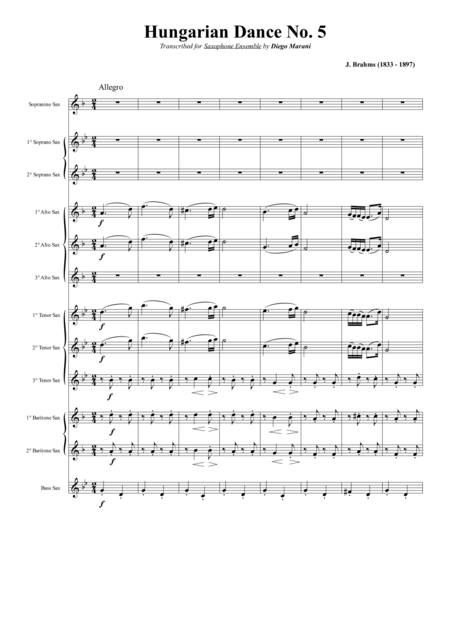 Free Sheet Music Hungarian Dance No 5 For Saxophone Ensemble