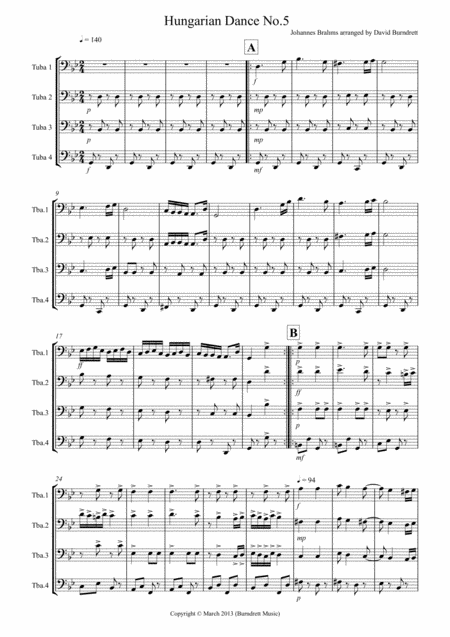 Hungarian Dance No 5 For Tuba Quartet Sheet Music