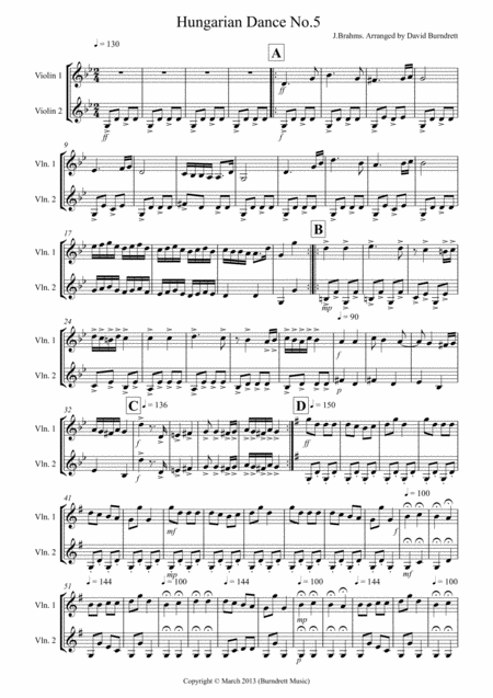 Hungarian Dance No 5 For Violin Duet Sheet Music