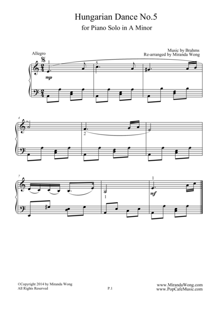 Free Sheet Music Hungarian Dance No 5 In A Minor Classical Piano Solo