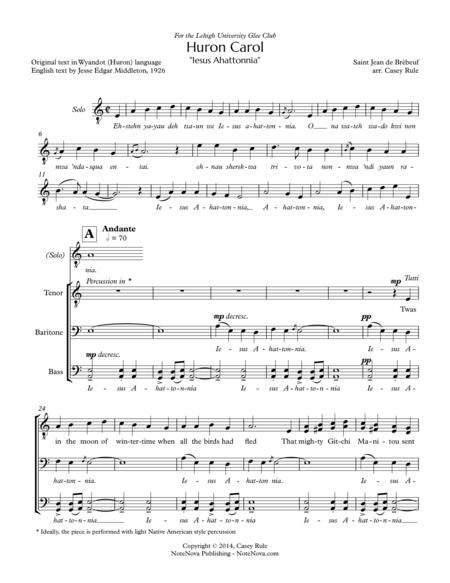 Huron Carol Ttbb Arr Casey Rule Sheet Music