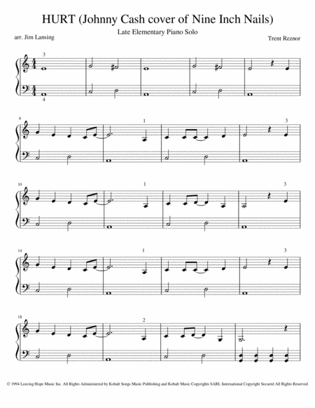 Hurt Johnny Cash Cover Of Nine Inch Nails Song Late Elementary Piano Solo Sheet Music