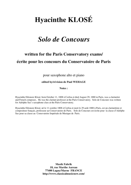 Free Sheet Music Hyacinthe Klos Solo De Concours For Alto Saxophone And Piano