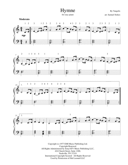 Free Sheet Music Hymne Vangelis For Easy Piano