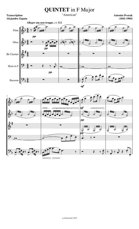 I Allegro Ma Non Troppo String Quartet No 12 In F Major Op 96 American For Wind Quintet Sheet Music