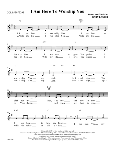 I Am Here To Worship You Lead Sheet With Melody Lyrics And Chords Sheet Music