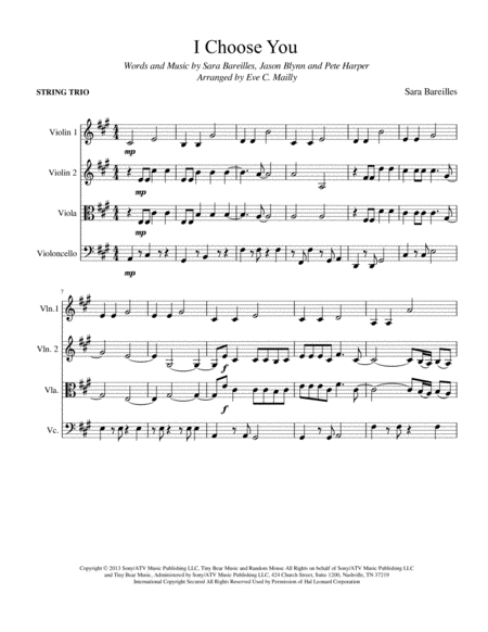 I Choose You Sara Bareilles String Trio Sheet Music