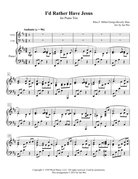 Free Sheet Music I D Rather Have Jesus For Piano Trio