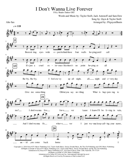 I Dont Wanna Live Forever Alto Sax Sheet Music