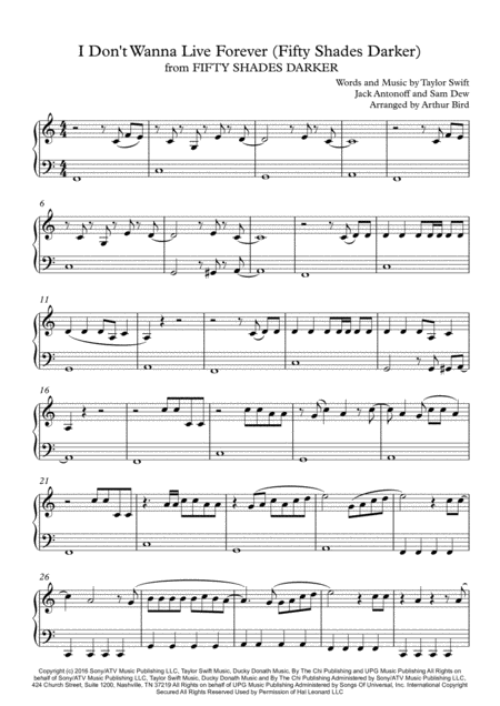 I Dont Wanna Live Forever Fifty Shades Darker From Fifty Shades Darker Easy Piano Version Sheet Music