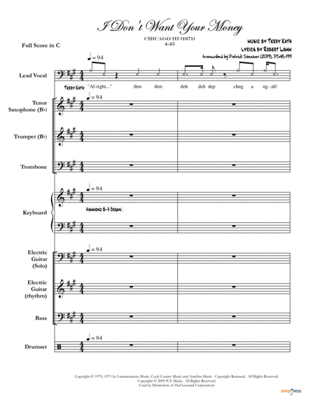 I Dont Want Your Money Chicago Complete Score Sheet Music