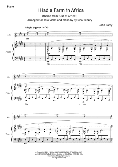 Free Sheet Music I Had A Farm In Africa Theme From Out Of Africa Violin And Piano