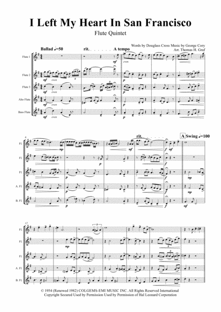 Free Sheet Music I Left My Heart In San Francisco Tony Bennett Flute Quintet