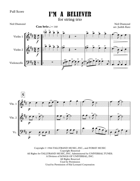 Free Sheet Music I M A Believer For String Trio