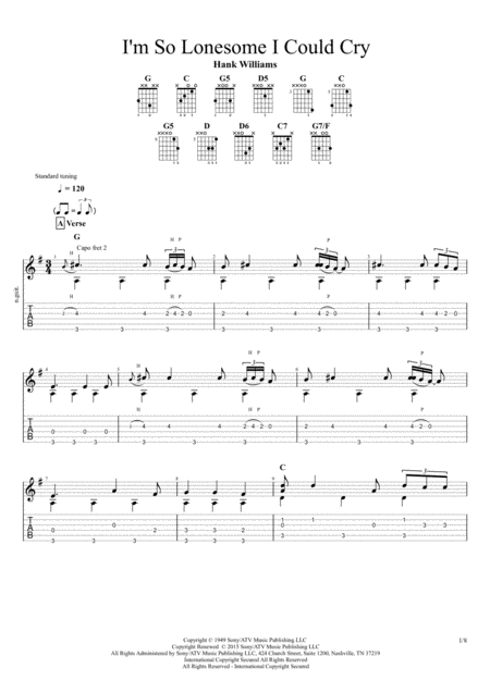 I M So Lonesome I Could Cry Hank Williams For Solo Fingerstyle Guitar Sheet Music