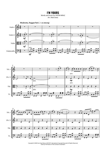 I M Yours Jason Mraz For String Quartet Sheet Music