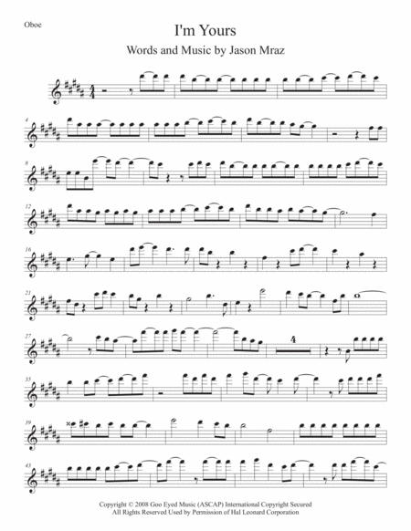 I M Yours Oboe Original Key Sheet Music