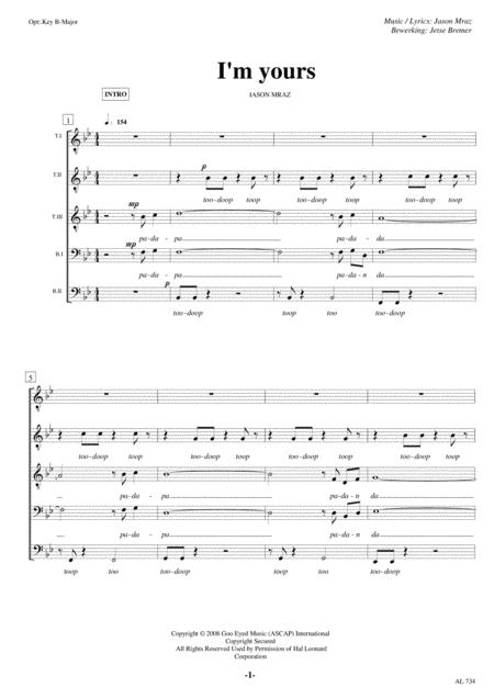 Free Sheet Music I M Yours Tttbb A Cappella