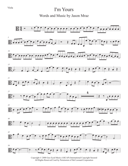 Free Sheet Music I M Yours Viola Easy Key Of C