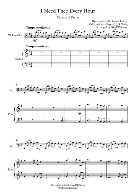 I Need Thee Every Hour For Cello And Piano Sheet Music