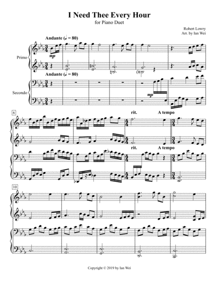 I Need Thee Every Hour For Piano Duet Sheet Music