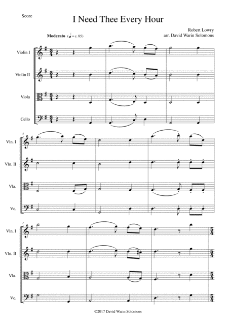 I Need Thee Every Hour For String Quartet Sheet Music